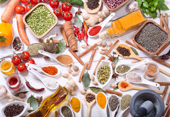 various herbs, spices and vegetables for cooking