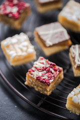 Oat brownie bites on cooling tray