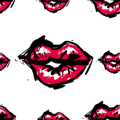Vector fashion sketch. Hand drawn graphic kiss, red lip, lip, eye. Contrasty glamour fashion seamless pattern. Isolated elements on white background
