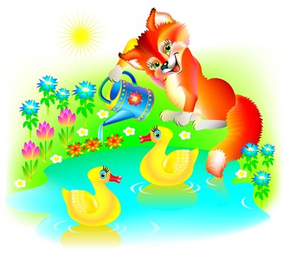 Illustration of little fox watering flowers, vector cartoon image.