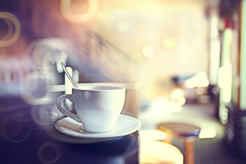 cup of tea at a cafe blurred background