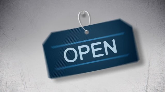 Abstract rectangle label with Open word flat animation on grey scratched background.