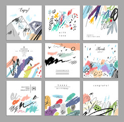 Set of artistic creative universal cards. Hand Drawn textures. 