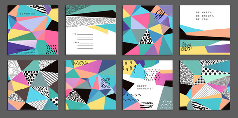 Set of  creative universal cards. Hand Drawn textures.  