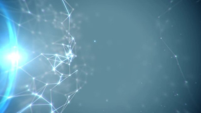 Abstract connecting lines and dots structure animation with lens flare on blue background