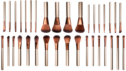 Big set of brown soft cosmetic brushes in different light conditions, isolated over white