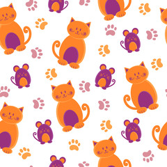 Seamless pattern with cute cartoon cats, mice and paws. Vector repeating background. 