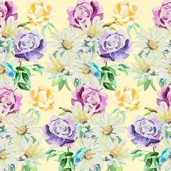 Watercolor summer flowers seamless pattern