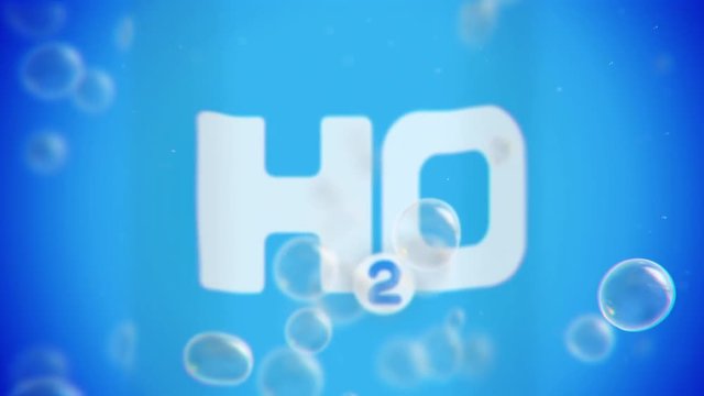 Bubbles floating up animation on blue background with H2O symbol