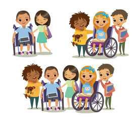 Group of Happy Children with books and tablets. Caring for the disabled child concept. Learning and playing together. Handicapped Kid. Vector. Isolated.