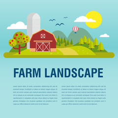 Farm flat Landscape with text. Natural background, organic farm products. Tree and farm house elements. 