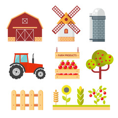 Farm flat vector set. Isolated farm elements on white background.  agriculture farm house and tractor. Farm food, farm object