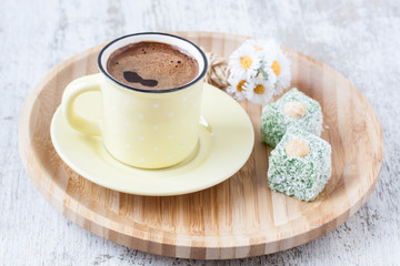 Turkish coffee and Turkish delight with spring style