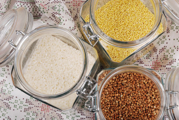 Glass jars with various cereals