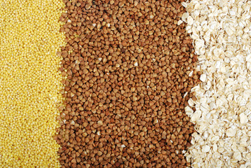 Background of buckwheat, millet and oat groats