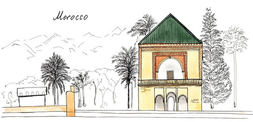 Hand drawn sketch of Morocco, Marrakech, Menara Gardens isolated
