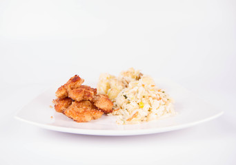 Deep fried chicken, potatoes and salad