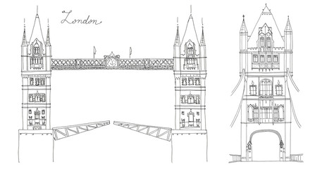 Hand drawn sketch of Tower Bridge, London, UK with lettering in two views isolated
