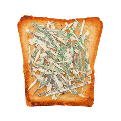 greens of dollars on toasted bread. have money to burn, concept. isolated on white background