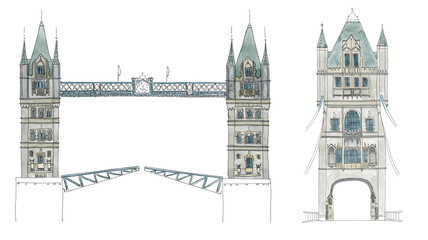 Watercolor Hand drawn sketch of Tower Bridge, London, UK in two views isolated