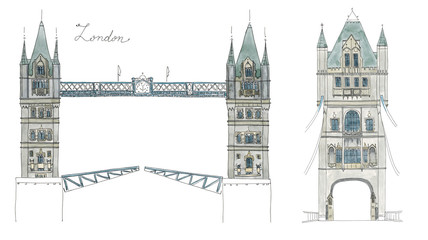 Watercolor Hand drawn sketch of Tower Bridge, London, UK with lettering in two views isolated