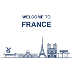 Welcome to France banner with outline illustrations of famous Parisian landmarks: Moulin rouge, Louvre, Eiffel tower, Notre dame cathedral and triumphal arch.