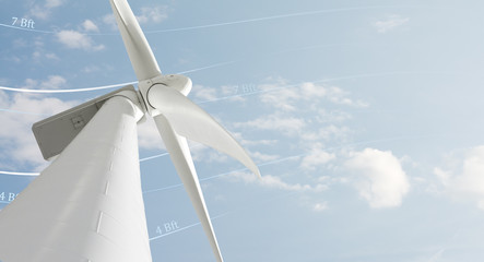 Windkraft Anlage gegen Himmel für die nachhaltige elektrische Energie Erzeugung mit Text Freiraum