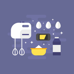 Cooking Concept. Ingredients for Pancakes with Mixer. Flat Style Vector Illustration