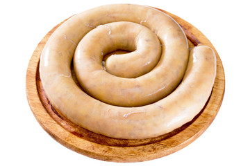 Homemade potato with bacon raw sausage on a wooden board