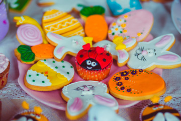 Fototapeta na wymiar Colorful cookies and cupcake of ladybug in the middle