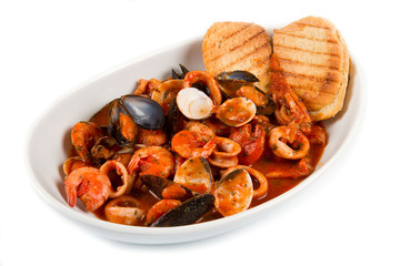 fresh seafood soup with roasted bread