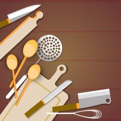 Cooking Utensils Kitchen Table Wooden Texture With Copy Space