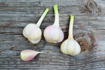 Fresh garlic on the old wooden table