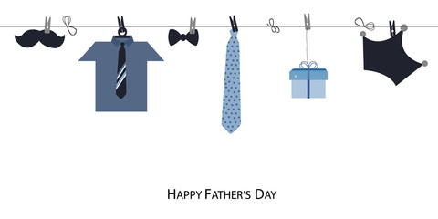 Happy Father's Day greeting card with hanging tie, jacket, gift box, crown, mustache, glasses vector background