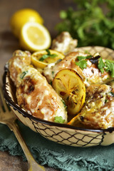 Chicken legs stewed in a cream lemon sauce.