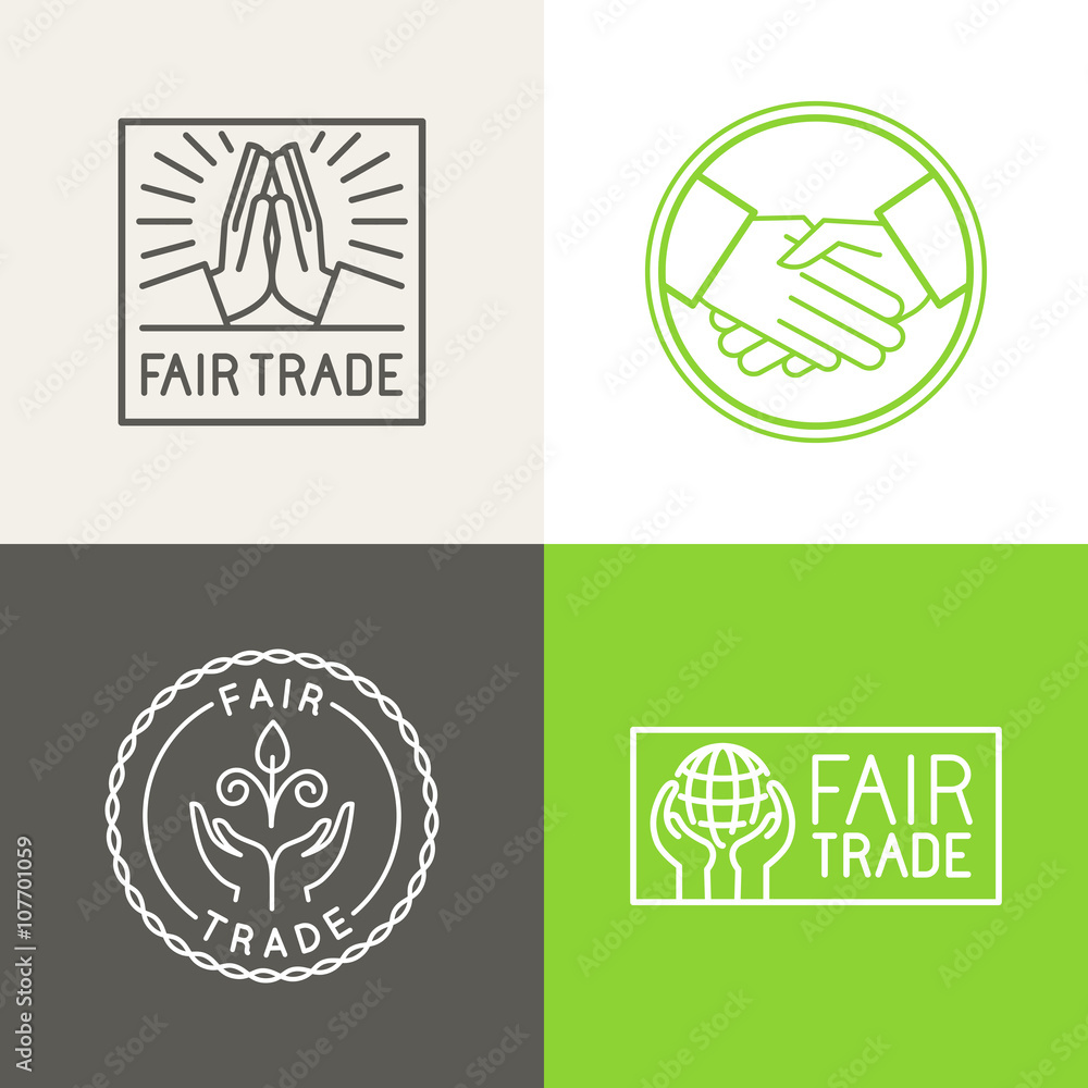 Poster vector set of badges and labels in trendy linear style - fair trade and sustainable development