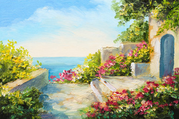 oil painting - house near the sea, colorful flowers, summer seascape - 107701027
