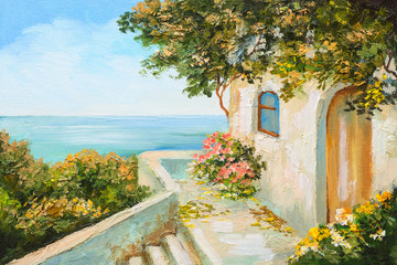 oil painting - house near the sea, colorful flowers, summer seascape - 107701065