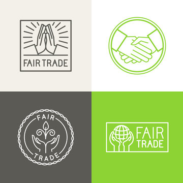 Vector set of badges and labels in trendy linear style - fair trade and sustainable development