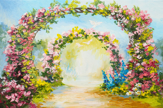 oil painting - floral arch in the summer park, colorful art picture, abstract drawing, flying doves