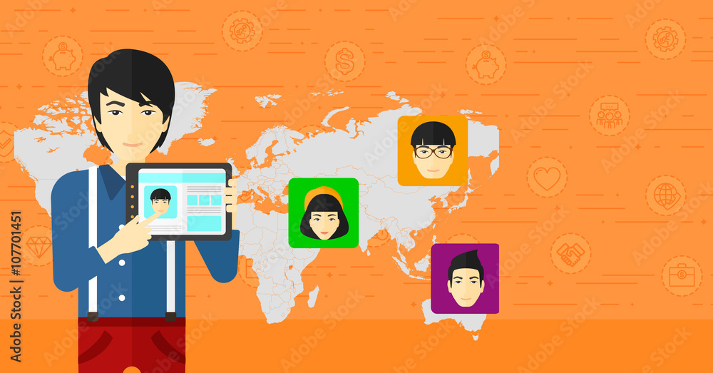 Poster man holding tablet computer with social media source.