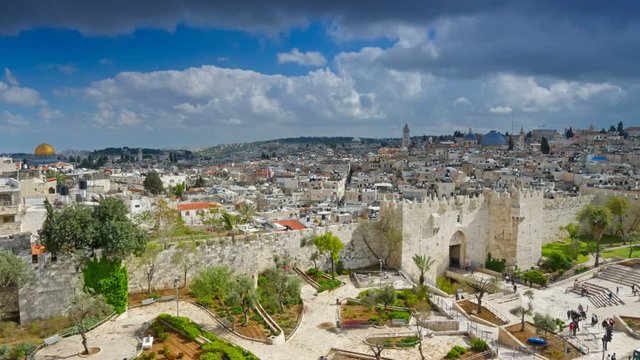 View to Damascus Gate and old Jerusalem City. Time lapse