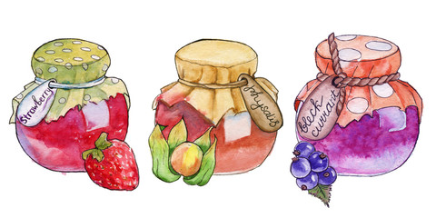 homemade jam in a jar. isolated. watercolor