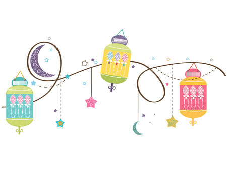 Ramadan Kareem with colorful Lamps, Crescents and Stars. Traditional lantern of Ramadan vector background