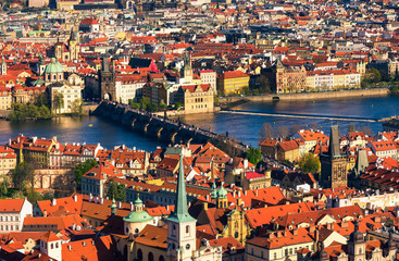 Naklejka na ściany i meble Aerial view Mala Strana (Lesser Town of Prague), Charles Bridge and Old Town in Prague, Czech Republic