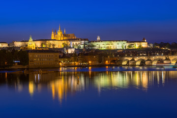 Night view of Charles Bridge, Prague Castle, Vltava river in Prague.