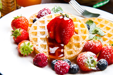 Homemade waffles with fruit