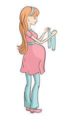  Pregnant young woman chooses clothes for your baby.