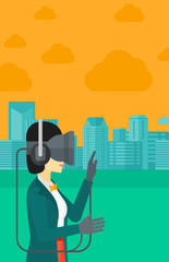 Woman wearing virtual reality headset.