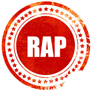 rap music, grunge red rubber stamp on a solid white background